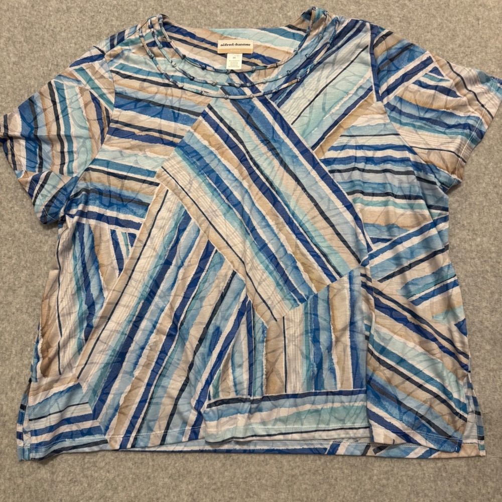 Alfred Dunner Woman 3X Blue Tan Geometric Stripe Short Sleeve Top Blouse